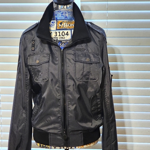 Live Mechanics Men's Bomber Jacket 37 Full Zip 2XL Black Gray Striped Nylon - Picture 1 of 12
